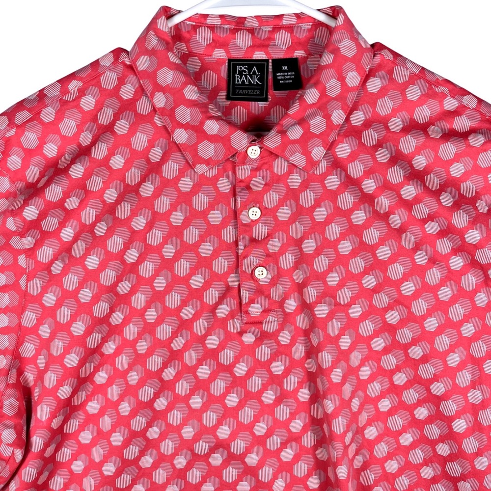 Jos. A. Bank Polo Shirt Mens XL/XXL Pink Geometric Traveler Short Sleeve Cotton